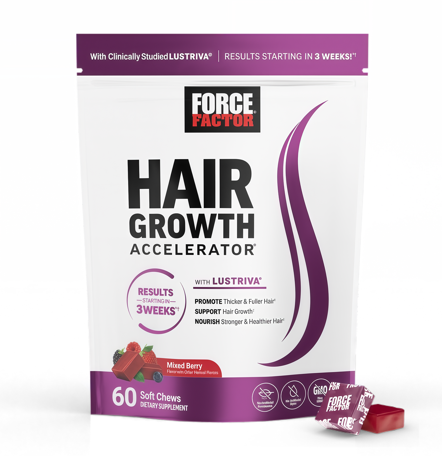 Force Factor Hair Growth Accelerator Soft Chews | Hair Growth Vitamins for Women and Men | Clinically Studied Lustriva & Biotin | Promotes Thicker, Fuller, Stronger Hair | Mixed Berry | 60 Soft Chews