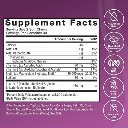 Force Factor Hair Growth Accelerator Soft Chews | Hair Growth Vitamins for Women and Men | Clinically Studied Lustriva & Biotin | Promotes Thicker, Fuller, Stronger Hair | Mixed Berry | 60 Soft Chews