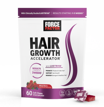 Force Factor Hair Growth Accelerator Soft Chews | Hair Growth Vitamins for Women and Men | Clinically Studied Lustriva & Biotin | Promotes Thicker, Fuller, Stronger Hair | Mixed Berry | 60 Soft Chews